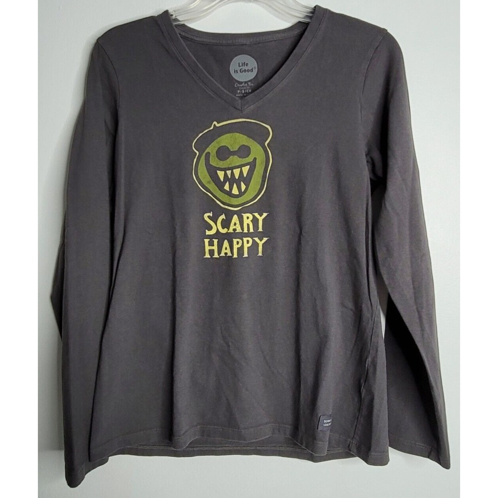 Life Is Good Scary Happy Halloween Ghoul Heather Black LS Crusher T-Shirt Small